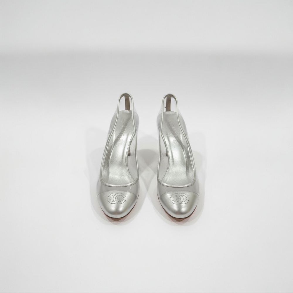 Vintage Chanel Silver Cap Toe Leather and PVC Pumps